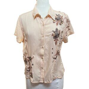 J.Jill Peach Short Sleeve Embroidered Floral Button-Up Blouse‎ Large Petite LP